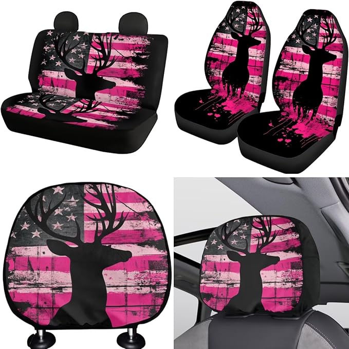 FKELYI Deer American Flag Car Seat & Gear Shift Set, Sugar Skull Steering Wheel Cover, Cup Coasters, Headrest Covers, 10pcs