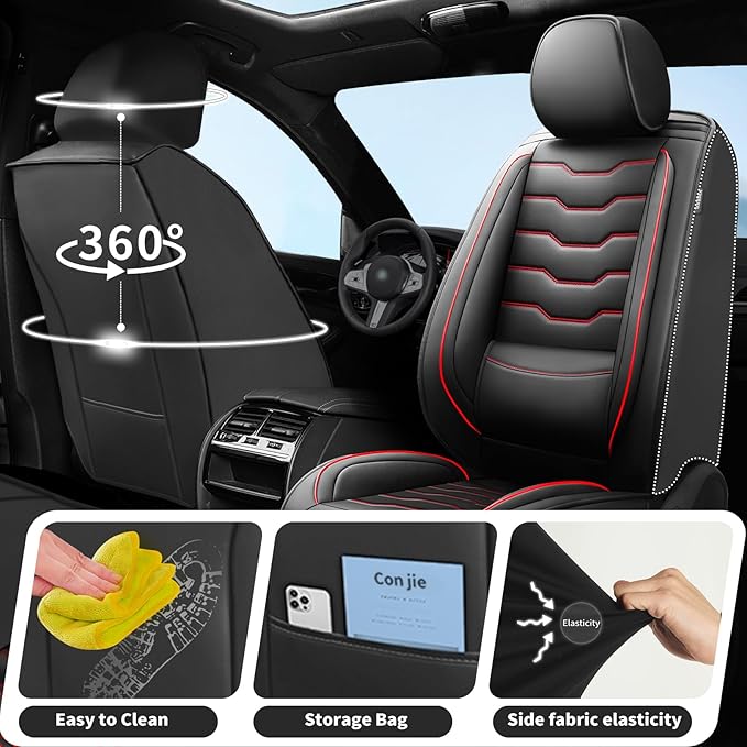 Fit Altima Car Seat Covers Compatible with Nissan Altima 2011-2025 2026 - Full Set Premium Leather， Waterproof Breathable， All-Weather Seat Cushion Protecto&Airbag Compatible（Red Line Black