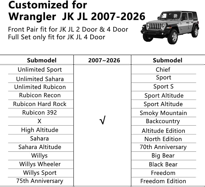 Wrangler Seat Covers 2007-2026 Full Set, Waterproof Leather Interior Sets with Lumbar Support Custom Fit for Jeep Wrangler JK JL 4 Door Unlimited Sahara/Sport/Rubicon X 392 Willys, Black
