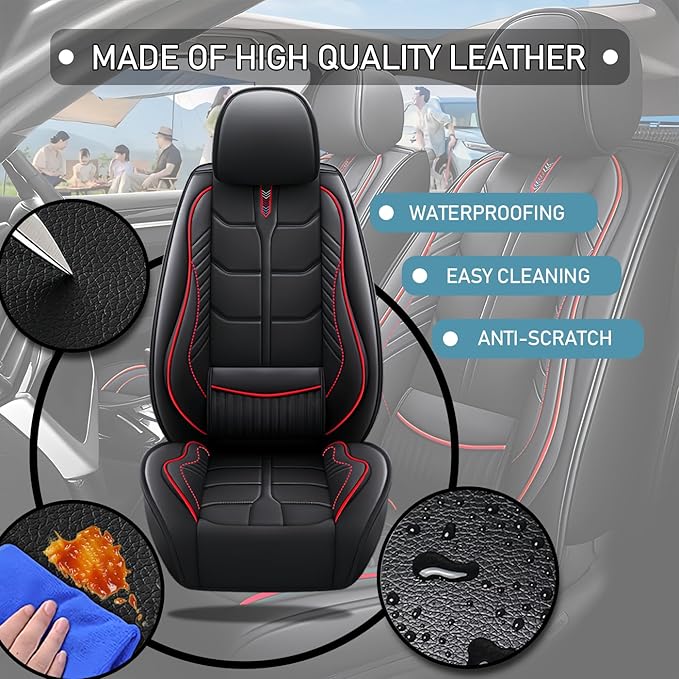 Leather Car Seat Covers Fit for Toyota Prius 2004-2024, 5 Seater Car Seat Cover, Premium Waterproof, Scratch Resistant Car Interior Accessories (Full Set Black Red)
