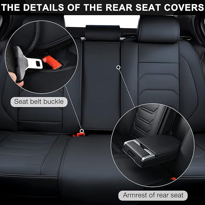 Black Car Seat Covers Full Set, Breathable Leather Automotive Front and Rear Seat Covers & Headrest for Comfortable Driving, Universal Auto Interior Fit for Most Kinds of Vehicles, Cars