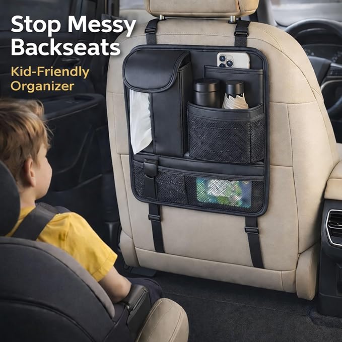 Backseat Car Organizer for Kids, Seat Organizer with 5 Storage Pockets for Travel, Black, Durable & Water-Resistant, Easy Install for Car SUV