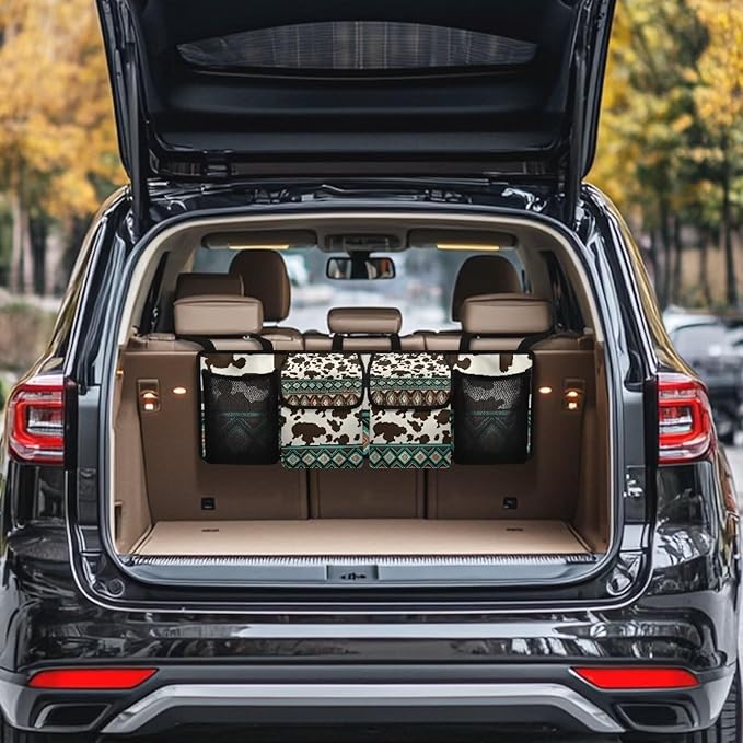 Aztec Tribal Car Trunk Organizer Brown Cow Spots Trunk Hanging Storage Bag Car Organization for SUVs Sedans