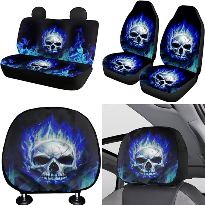 FKELYI Cool Skull Car Seat Covers Set Blue Fire Car Interior Seat Protector,Absorbent Cup Holder Pads,Steering Wheel Cover,Gear Shift Cover,Handbrake Cover,Headrest Covers