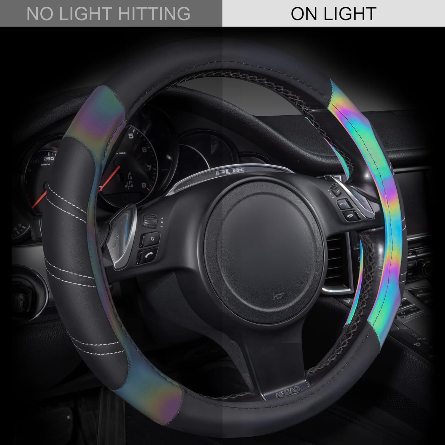 CAR PASS Line Rider Microfiber 15.5-16 Inch Leather Sporty Steering Wheel Cover Universal Fits for 95% Truck,SUV,Pickup, Anti-Slip Safety Comfortable Desgin (Black Reflective)