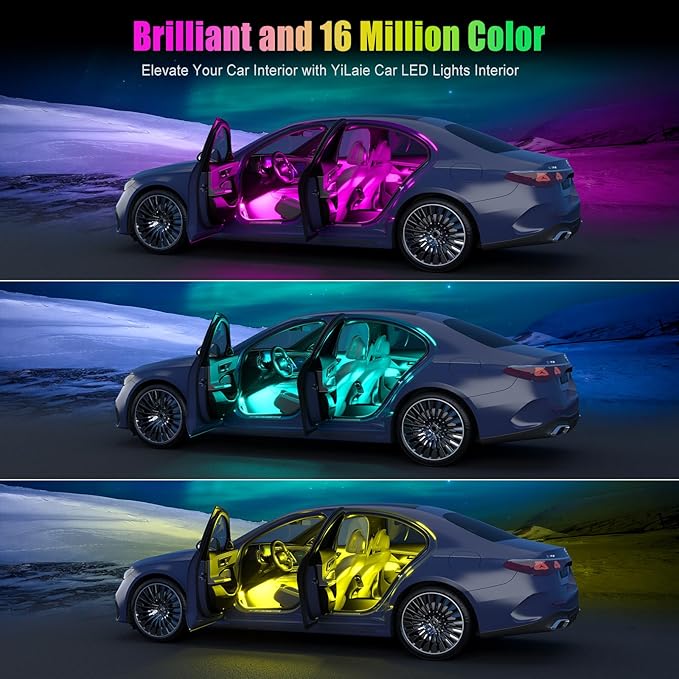 Yilaie Car LED Lights Interior, RGB Under Dash Lighting Multicolor with App Control, Music Sync and DIY Mode, Car Decorations Interior for Ambient Lighting with Charger Dc 12V