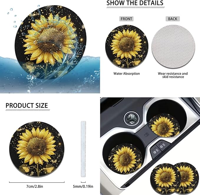 Butterfly & Sunflower Print Car Accessories for Women 6 Pcs Steering Wheel Cover Handbrake Gear Cover Cup Coaster Armrest Cover Auto Accessories for Men Women