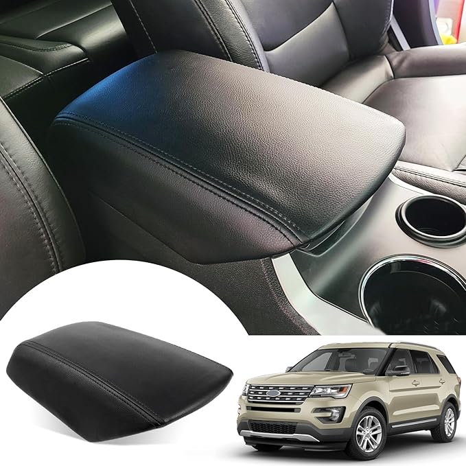 Center Console Cover for Ford Explorer 2019 2018 2017 2016 2015 2014 2013 2012 2011 - Vinyl Leather Console Lid Cushion Protector for 2011-2019 Ford Explorer Interior Accessories (Black)