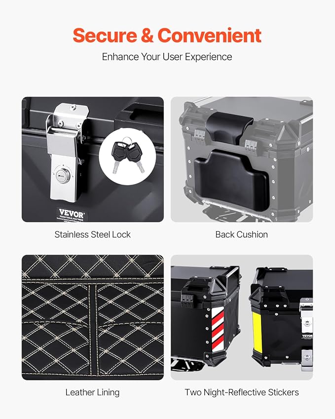 VEVOR Motorcycle Top Case 45L, Universal Aluminum Alloy Motorbike Tail Box with Leather Lining, 45L Waterproof Detachable Motorcycle Top Box with Lock & Back Cushion, Fit for 99% of Motorcycle Frames