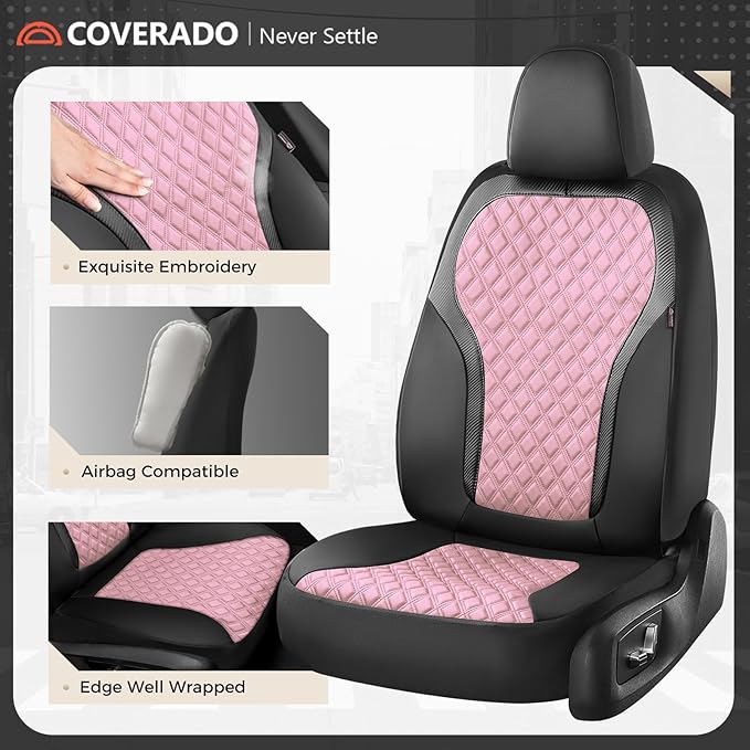 Coverado Seat Covers Front Seats, 2-Pack Luxury Diamond Leather Car Seat Cover, Sports Carbon Fiber Design Waterproof Car Seat Protector, Black Pink Automotive Seat Covers Universal Fit Most Cars