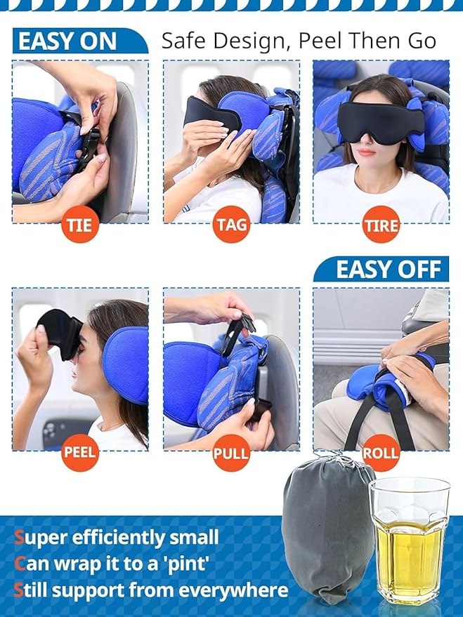 Travel Pillows for Airplanes, Airplane Pillow with Brown-Red Sleep Eye Mask, 360° Neck Support Headrest, Portable Airplane Travel Essentials, Adjustable Airplane Head Strap, Stop Bobblehead