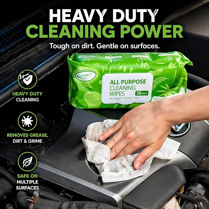 Air Jungles All Purpose Cleaning Wipes for Car and Home 70 Count (Pack of 2), Extra Large 8" x 10" Heavy Duty for Car Interior Vinyl, Kitchen, Bathroom, Countertop, Furniture, Tool - Non-Toxic