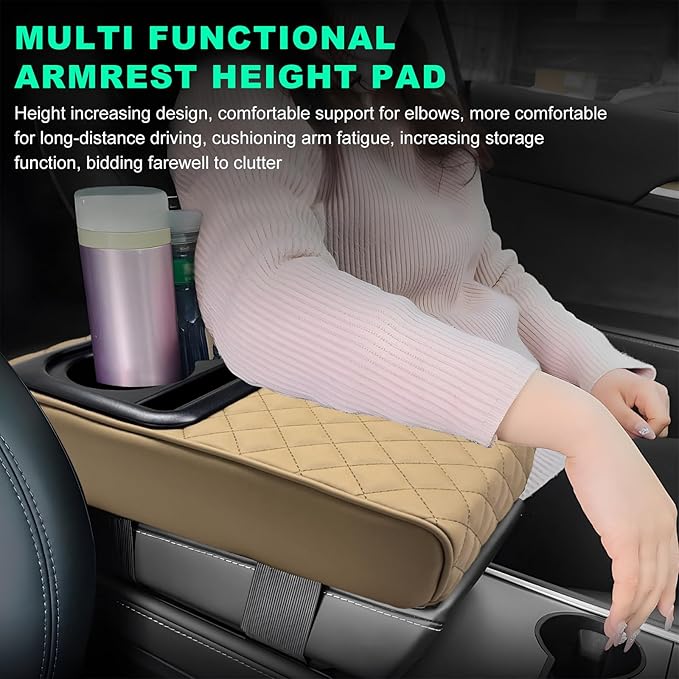Car Center Console Armrest Pillow, Memory Foam Auto Armrest Box Cover with Cup Holder & Phone Holder, Waterproof Leather Arm Rest Protector Cushion, Interior Car Accessories (Diamond, Beige)