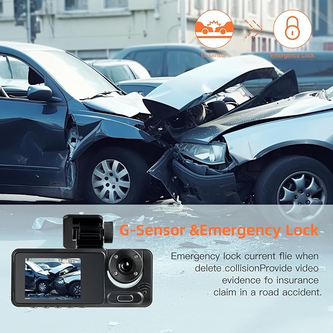 3 Channel Dash Cam, Dash Camera, 1080P Full UHD Car Camera Front and Rear Inside with 64GB Card,Built-in Super Night Vision,2.0'' IPS Screen,170°Wide Angle,WDR, 24H Parking Mode, Loop Recording