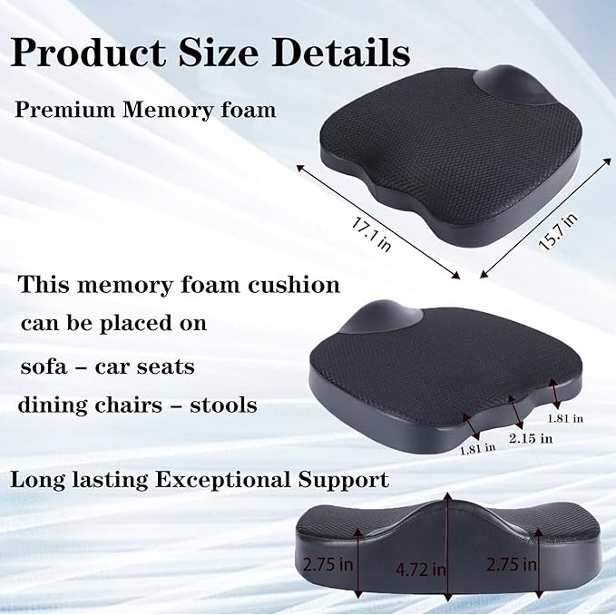 Decompression Cushion, Comfort Memory Foam Seat Cushion for Car Seat Drivers, Tailbone (Coccyx) Pain Relief Cushion, Office Chair Cushion (Gray)