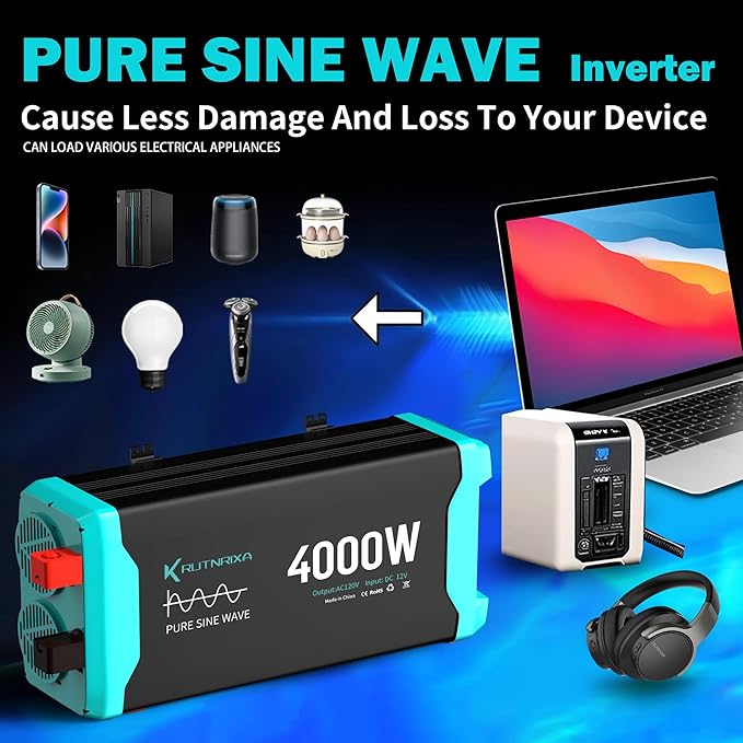 4000W Pure Sine Wave Inverter Peak 8000w 12V DC to 120V AC for RV, Truck, Off-Grid, Home, Solar Car Power Inverter with Dual AC Hardwire Port, 20A Socket, 5V 2.1A USB