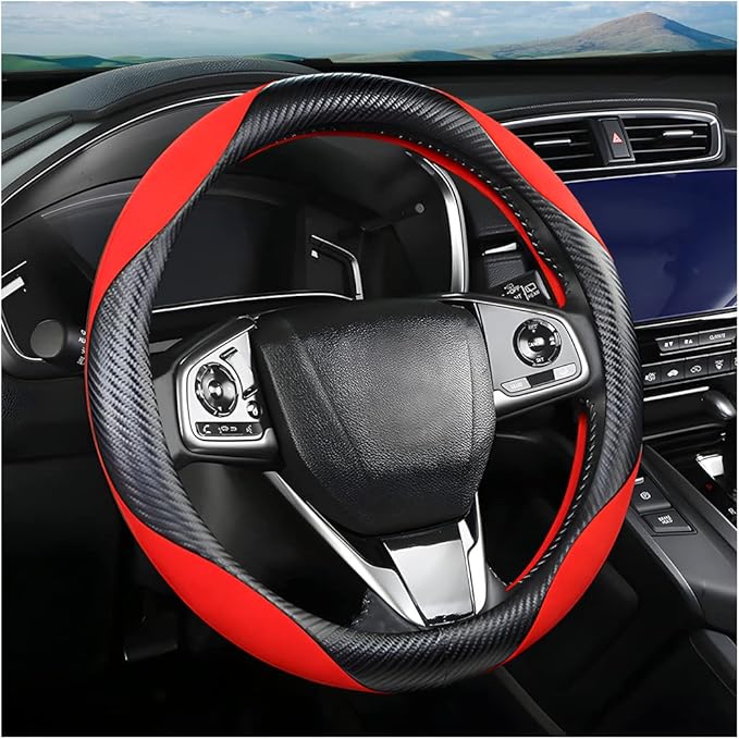 Steering Wheel Cover for Women and Men, Carbon Fiber Plush Steering Wheel Cover Soft Anti-Slip Comforting, Universal 15 Inches Steering Wheels Accessories (Carbon Fiber Black/Red)