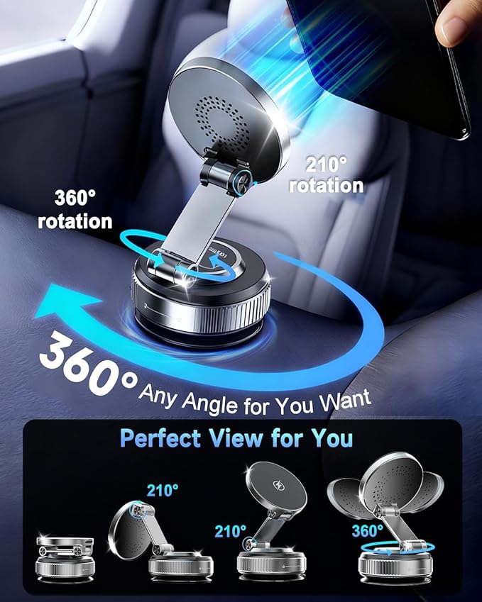 Suction Cup Phone Mount Pro - Vacuum Magnetic Phone Holder for Car, 180° Adjustable Angle, Non-Slip Dashboard/Windshield Car Phone Holder, Bonus Toroidal Metal.