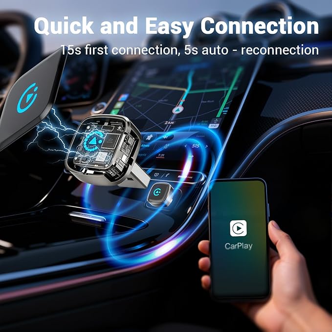 2-in-1 Wireless CarPlay & Android Auto Adapter, Plug & Play CarPlay Dongle Converts Wired to Wireless, Fast Auto-Connect, No Delay, Compact Design for iPhone & Android with USB/USB-C Port（Silver gray）