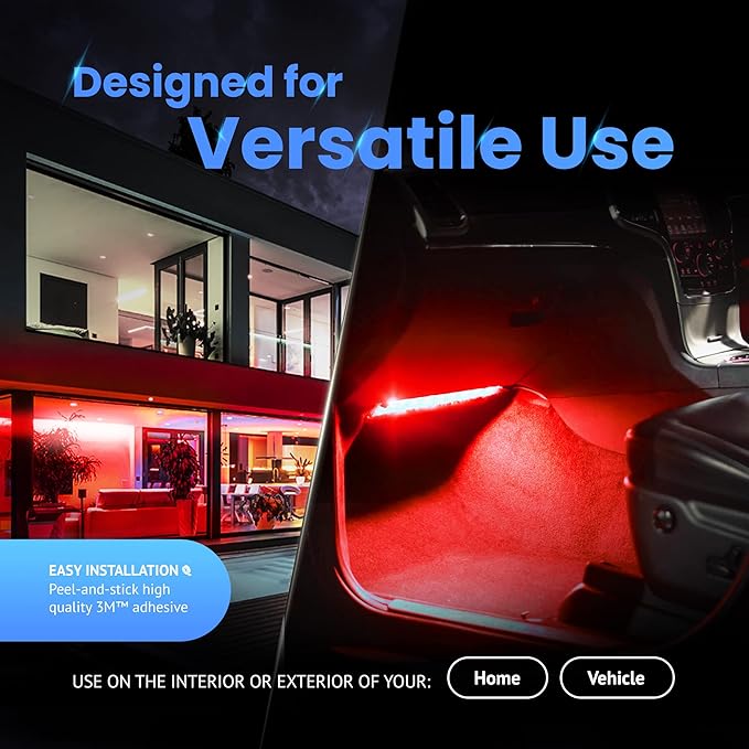 Alpena MAX LED Light Strip Starter Kit – EZ-Link Modular 12V Plug-and-Play Lighting for Cars & Trucks, Interior/Exterior Stick-On Light Bars, 2×12” Weatherproof Strips, Red