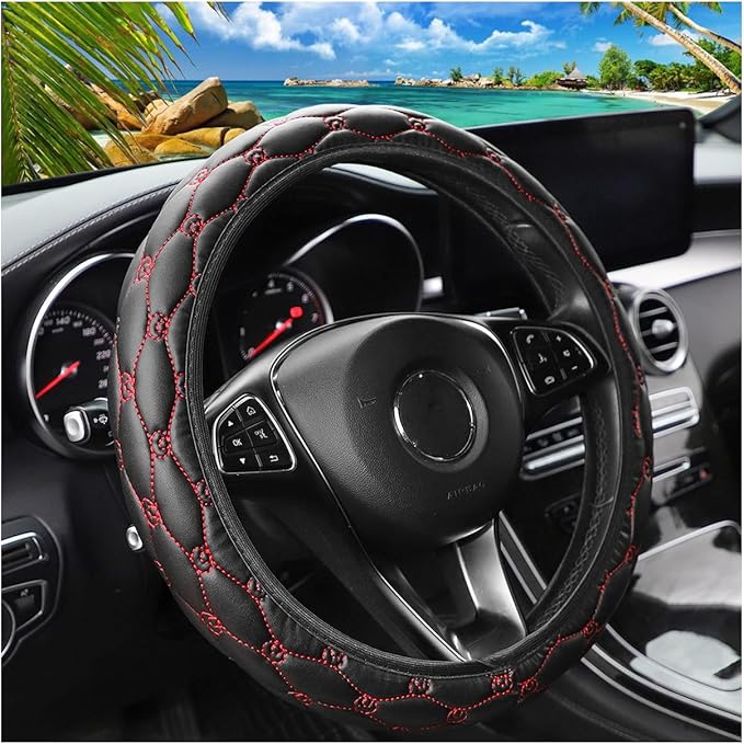 Car Steering Wheel Cover, PU Leather Non-Slip Lantern Pattern Vehicle Steering Wheel Cover Protection, Breathable Automotive Interior Protecter Accessories, Universal Fit (Black/Red)