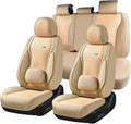 Coverado Car Seat Covers Full Set, Beige Seat Covers for Cars, Waterproof Nappa Leather Automotive Seat Covers with Lumbar Head Pillow, Car Seat Protectors, Universal Fit for Most Cars SUV