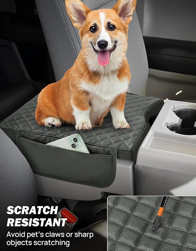 JOYTUTUS Center Console Cover Compatible with 2015-2026 Ford F150, 2017-2026 F250 F350 F450 with 40/20/40 Jump Seat, Leather Armrest Cover Center Console Cushion w/Side Pockets, Gray (Jump Seat Only)