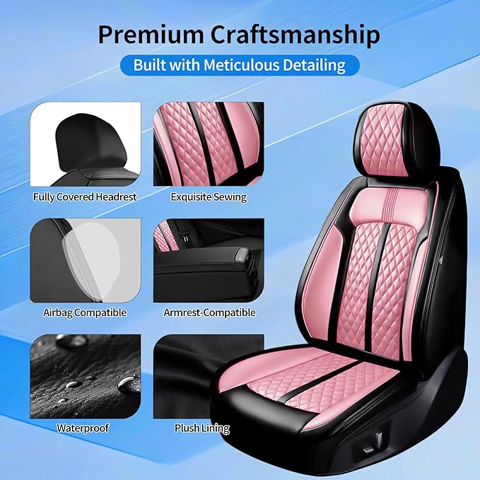 Fit HR-V Car Seat Covers for Honda HRV 2016-2025 2026 LX/EX/EXL/Sport - Full Coverage Leather, Airbag Compatible, Breathable Waterproof All Weather Seat Protector, Full Set, Black+Pink