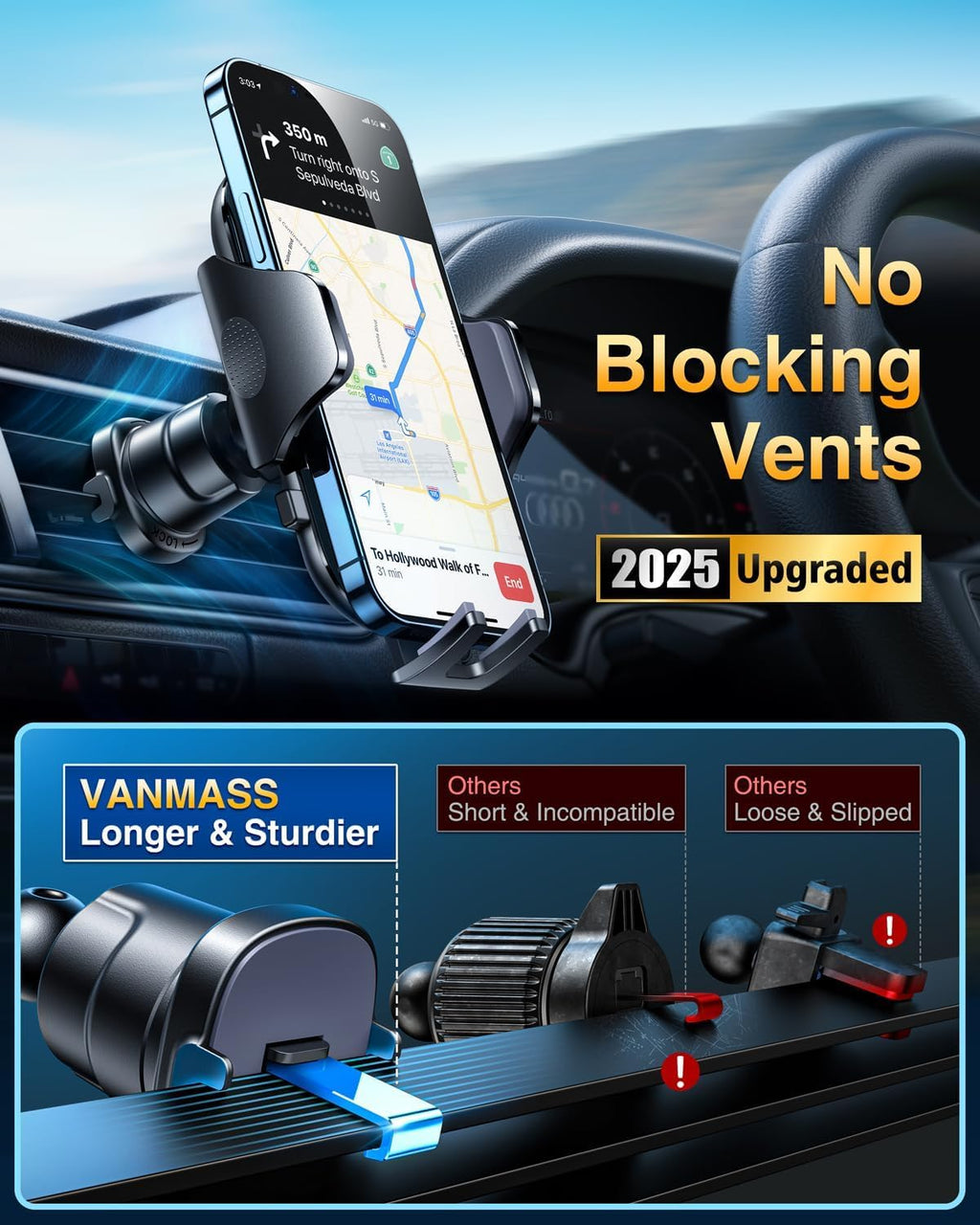 [2025 True Military-Grade] Car Phone Holder VANMASS [Upgraded Strongest Suction & Clip] Cell Phone Mount for Dashboard Windshield Vent,Truck Cradle Stand for iPhone 16 Pro Max 15 14 13 Samsung Android