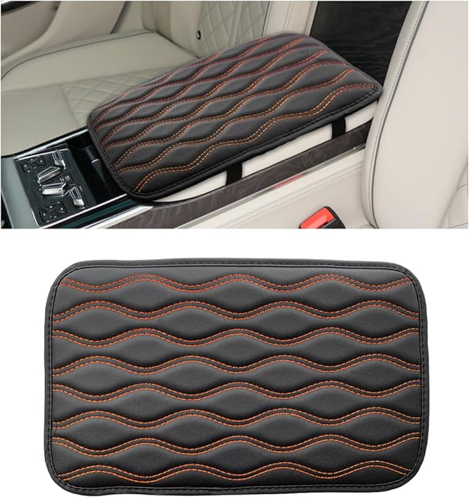 Car Center Console Cushion Pad, 12.48×7.40 Inches Waterproof Car Armrest Seat Box Cover, Comfortable PU Leather Vehicle Armrest Cover Protector, Car Decor Interior Accessories (Black＋Orange)