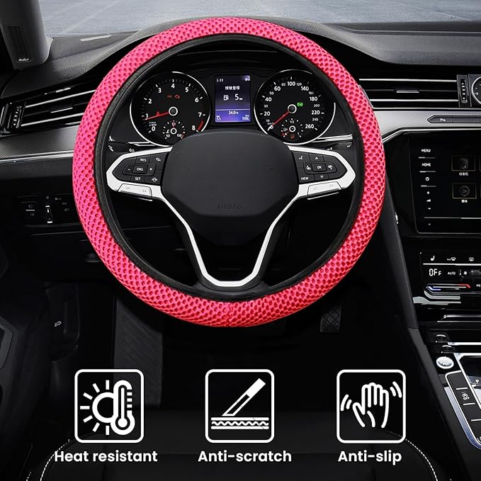 Elastic Stretch Car Steering Wheel Cover, Comfortable Steering Wheel Cover Universal for 14.5-15 Inch, Warm in Winter & Cool in Summer, Anti-Slip Breathable Ice Silk (Rose Red)