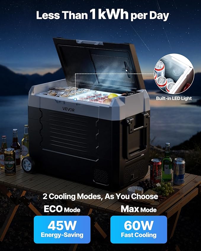 VEVOR Car Refrigerator, DC 12/24V AC100-240V Compressor Electric Cooler, -4°F to 68°F Truck Refrigerator with APP Control, Wheels & Dual Zone, 48 QT Cars Cooler for RVs, Boats, Camping, Fishing