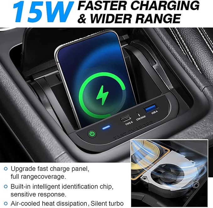 Wireless Car Charger for Mercedes-Benz A-Class B-Class GLA CLA 2013-2019 W176 W246 X156 C117 Accessory, 15W Fast Charging Phone Charger Pad with 27W USB-A & Type-C Port for iPhone Galaxy