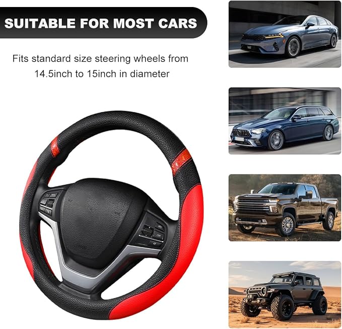 Car Steering Wheel Cover, 15 Inch Premium Leather Breathable Non-Slip Wheels Wrap, Universal Auto Comfortable Steering Wheel Protector for SUV Truck Van, Car Accessories (Red)