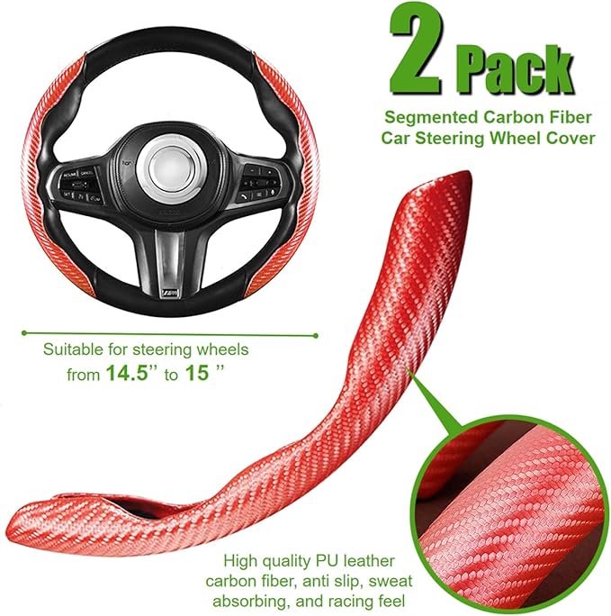 WSSROGY 2 Pack Carbon Fiber Car Steering Wheel Cover, Anti-Skid Segmented Steering Wheel Protector, Butterfly Steering Wheel Cover, Universal for 99 Car Wheel Cover Protector (Red)