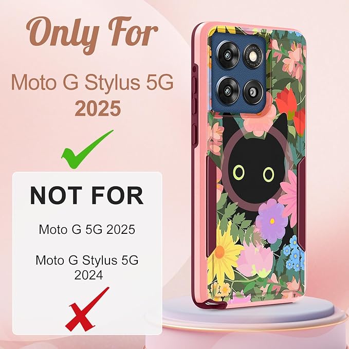 for Moto G Stylus 2025 Case - Compatible with MagSafe Women Cute Girls Magnetic Phone Cover Girly Cat Flower Floral Heavy Duty Shockproof Design for Motorola Moto G Stylus 5G 2025 Cases