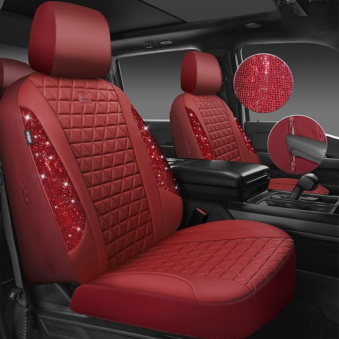 CAR PASS Bling Diamond Burgundy Leather Car Seat Covers Full Sets Interior Sets, Waterproof Shining Glitter Sparkly Crystal Universal Armrest Fit Automotive Truck SUV Cute Women Girl, Red Rhinestone