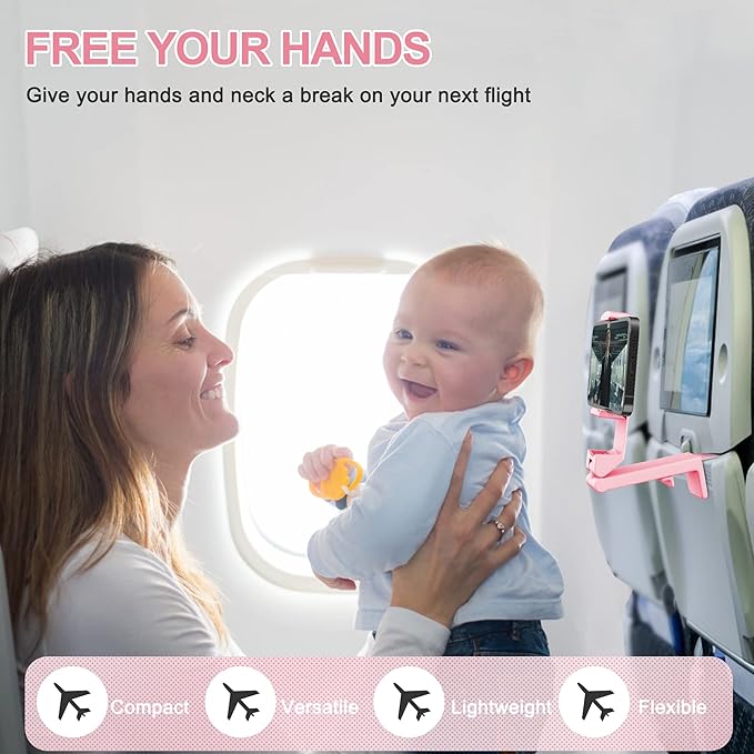 Perilogics Airplane Phone Holder Mount Universal in Flight Hands Free Viewing with Multi-Directional Dual 360 Degree Rotation (Black/Pink)