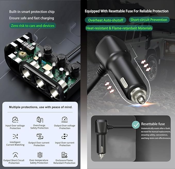 8 in 1 Cigarette Lighter Splitter, 120W 3 Socket Car Charger Adapter,5 USB,Type-C PD36W, Fast Charging,12V/24V Input, Built-in Protecter, Zero Risk to Car & Devices,for Car, Truck, SUV, RV, Camping
