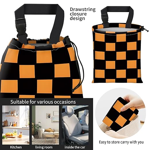 Car Trash Bag Large Hanging Can for Back of Seat, Cute Waterproof Car Garbage Bag for Vehicle, Travelling, Outdoor Black Orange Checkerboard