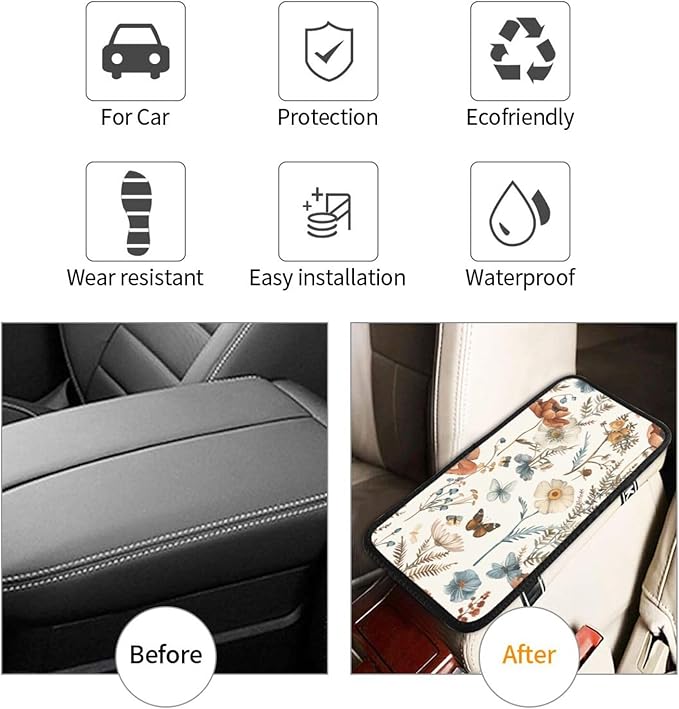 Universal Car Center Console Cushion Pad, Watercolor Flowers Botanicals Soft Waterproof Car Center Console Cover Auto Armrest Seat Box Cover Protector for Most Vehicle SUV Truck Car
