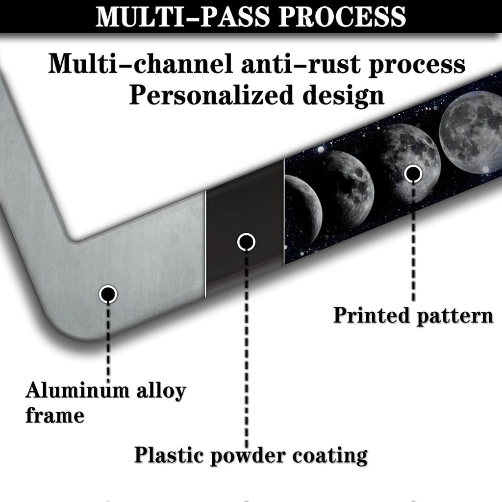 Automotive Exterior Accessories Black and White License Plate Frames Celestial Moon Phases Aluminum Metal Car Accessory 2 Pack with Screw Covers Set