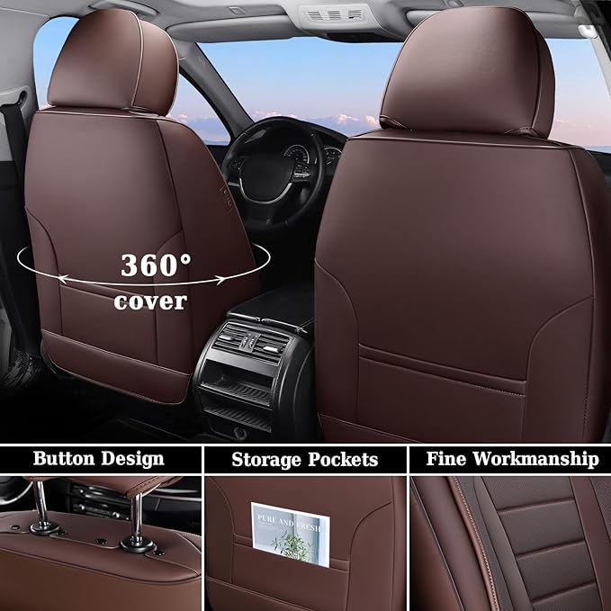 Coverado Car Seat Covers Full Set, Nappa Leather Seat Covers for Cars, Car Seat Protector Car Seat Cushion, Front and Back Seat Protectors Cushions Universal Fit for Most Cars Vehicles(Brown)