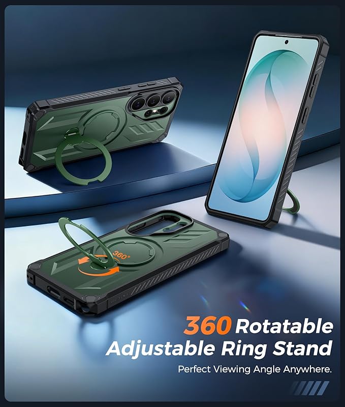 FNTCASE for Samsung Galaxy S26-Ultra Case: [360 Spin Magnetic Ring Kickstand] [Compatible for MagSafe] [Screen Protector] Heavy Duty Military Grade Protection Protective Phone Case with Stand Green