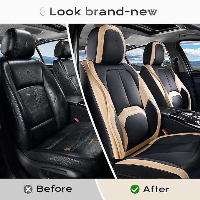 Coverado Car Seat Covers, Leather Seat Covers Full Set, Waterproof Car Seat Protector with Lumbar Support, Automotive Seat Covers Seat Cushions Universal Fit for Most Cars SUV Trucks, (Black&Beige)