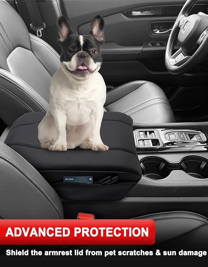 KBH Center Console Armrest Cover for Honda Pilot 2023-2026, Ridgeline 2024 2025, Passport 2024-2026, Middle Console Lid Protector, Vinyl Leather Trim with Side Pockets, Anti-Scratch, Black