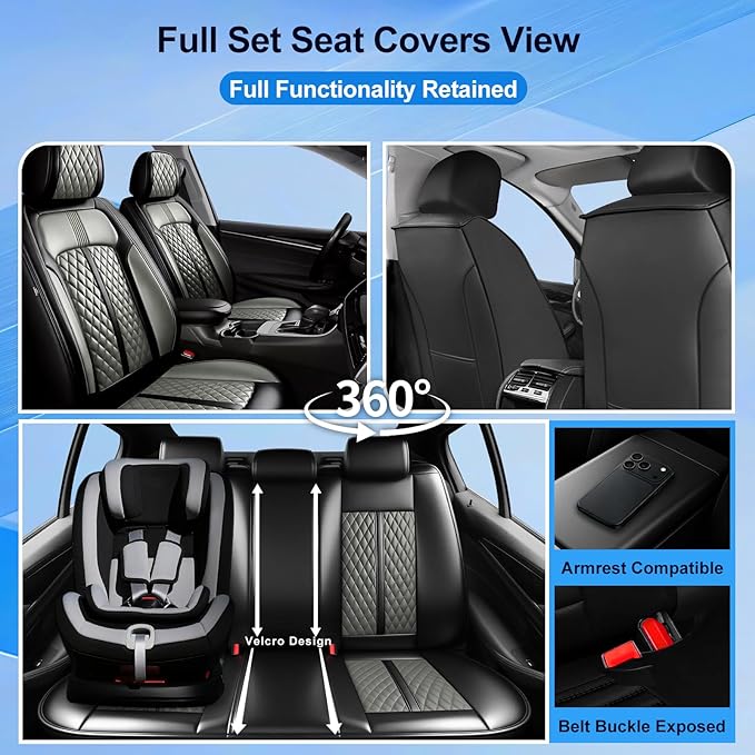 Fit Blazer Car Seat Covers for Select Chevrolet/Chevy Blazer 2019-2026, Premium Full Coverage Leather, Airbag Compatible, Waterproof All Weather Seat Cushion Protector, Front Pair Black+Gray