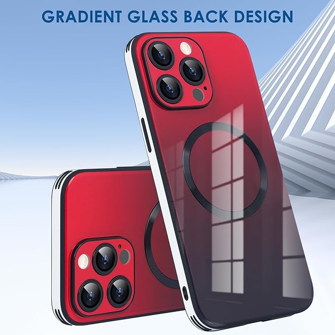 Guppy Compatible with iPhone 15 Pro Max Case Magnetic, with Full Camera Lens Protector [Compatible with MagSafe] Scratch Resistant Gradient Glass Back Cover Phone Case-Red