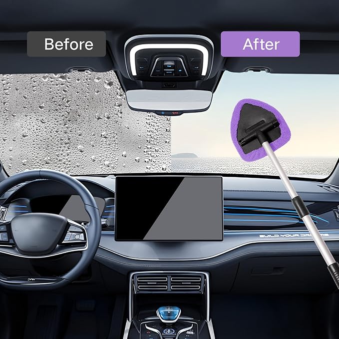 Qydipclin 7pcs Windshield Cleaner Tool Car Window Cleaning Wash Kit with 4 Reusable Microfiber Pads 1 Spray Bottle and Extendable Handle Auto Glass Wiper Kit, Purple