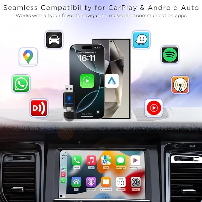 Wireless CarPlay adapter & wireless Android Auto adapter, 2-in-1 USB-A/USB-C dongle for factory wired CarPlay iOS 10+ & Android 11+ cars, easy to install, 3s auto-connect, 5.8 GHz Wi-Fi, Bluetooth 5.2